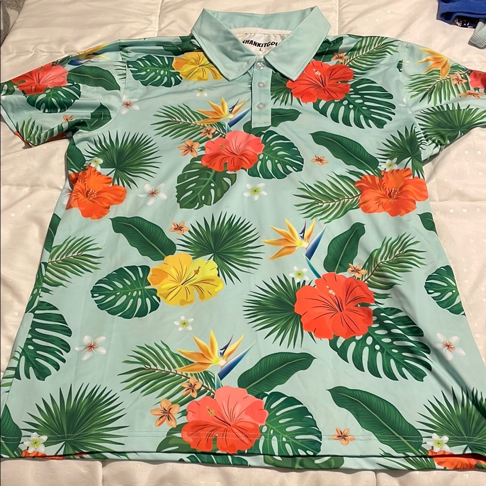 Tropical Green and Orange Polo Shirt with Floral Print
